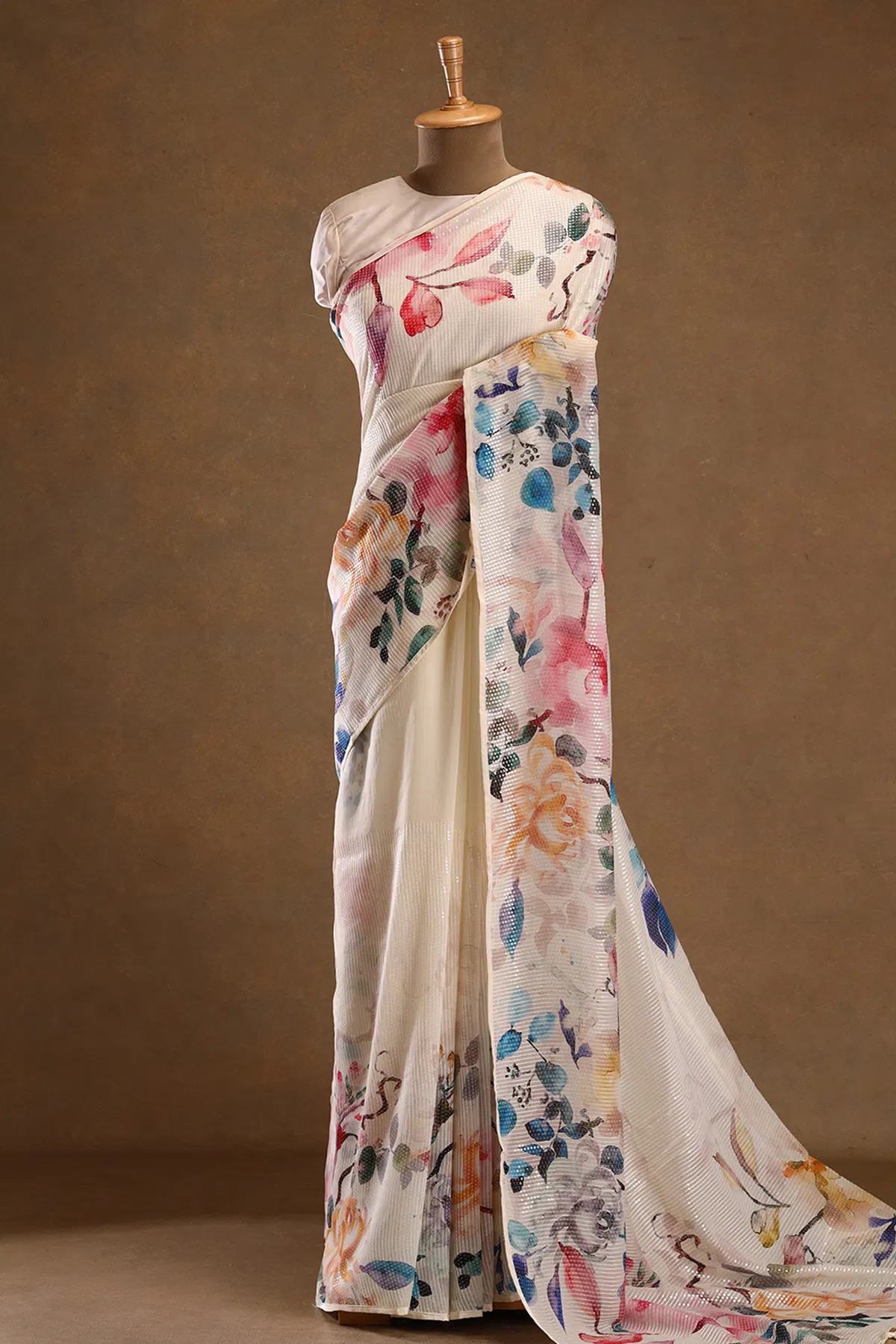 Cream floral printed georgette designer saree